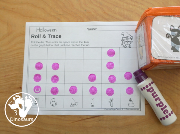 Halloween Roll & Graph With Trace Letters, Numbers & Shapes with a folding die and cube die with a graphing sheet, graphing with tracing numbers, graphing with tracing letters and graphing with tracing shapes. All with a fun Halloween theme for prek and kindergarten - 3Dinosaurs.com