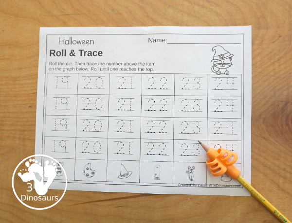 Halloween Roll & Graph With Trace Letters, Numbers & Shapes with a folding die and cube die with a graphing sheet, graphing with tracing numbers, graphing with tracing letters and graphing with tracing shapes. All with a fun Halloween theme for prek and kindergarten - 3Dinosaurs.com