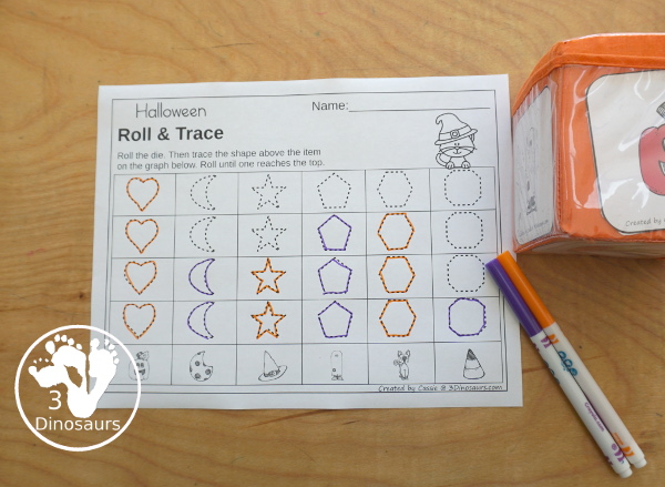 Halloween Roll & Graph With Trace Letters, Numbers & Shapes with a folding die and cube die with a graphing sheet, graphing with tracing numbers, graphing with tracing letters and graphing with tracing shapes. All with a fun Halloween theme for prek and kindergarten - 3Dinosaurs.com