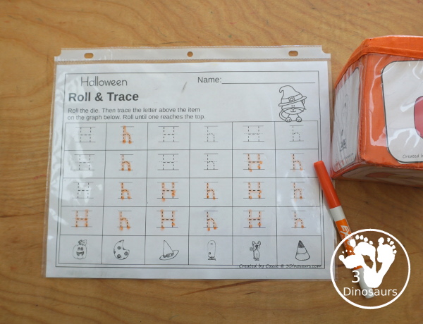 Halloween Roll & Graph With Trace Letters, Numbers & Shapes with a folding die and cube die with a graphing sheet, graphing with tracing numbers, graphing with tracing letters and graphing with tracing shapes. All with a fun Halloween theme for prek and kindergarten - 3Dinosaurs.com