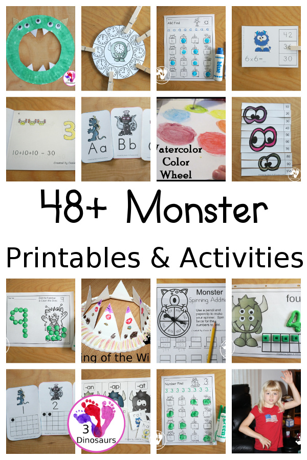 48+ Monster Printables & Activities - with colors, math, ABCs, numbers, crafts, sensory bins, and more all learning with a fun monster theme - 3Dinosaurs.com