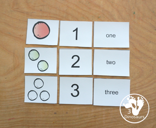 Free Number 3 Piece Puzzles 1 to 20 - Number Matching Printable - with gumballs for counting, number word and numerical number for the matching - 3Dinosaurs.com