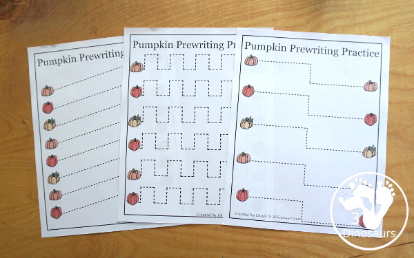 Free Pumpkin Prewriting Printables: dashed line, solid line, thick line dashed with 28 pages of prewriting printables for the fall- 3Dinosaurs.com