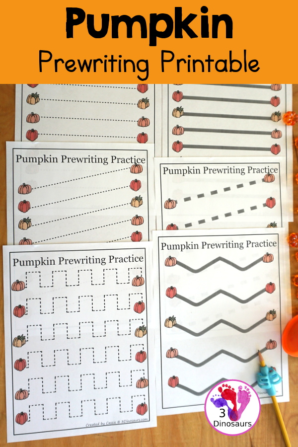 Free Pumpkin Prewriting Printables: dashed line, solid line, thick line dashed - 3Dinosaurs.com