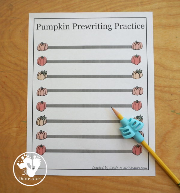 Free Pumpkin Prewriting Printables: dashed line, solid line, thick line dashed with 28 pages of prewriting printables for the fall - 3Dinosaurs.com