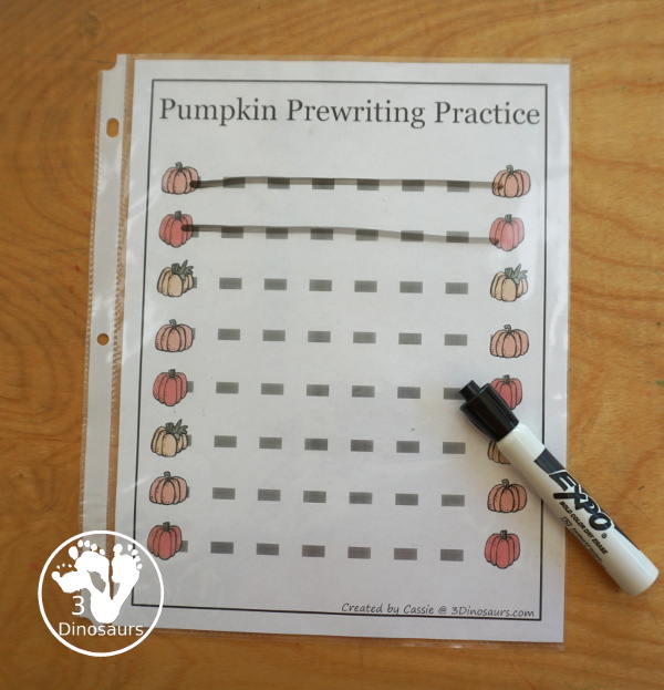 Free Pumpkin Prewriting Printables: dashed line, solid line, thick line dashed with 28 pages of prewriting printables for the fall - 3Dinosaurs.com