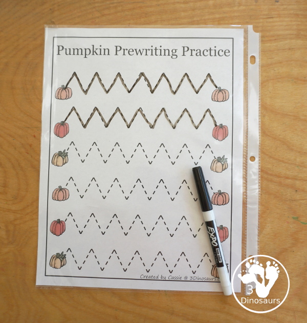 Free Pumpkin Prewriting Printables: dashed line, solid line, thick line dashed with 28 pages of prewriting printables for the fall - 3Dinosaurs.com