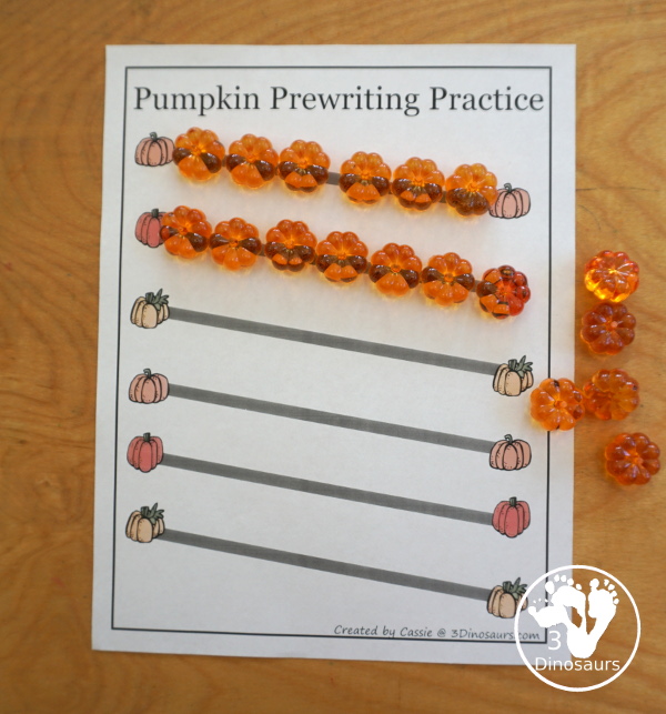 Free Pumpkin Prewriting Printables: dashed line, solid line, thick line dashed with 28 pages of prewriting printables for the fall - 3Dinosaurs.com