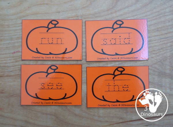 Pumpkin Sight Word Tracing Card Printables- with all 220 Dolch Sight Words with cards sorting by sight word list - With tracing on colored pumpkin or a black and white pumpkin option. You have 8 sight word cards on each page - 3Dinosaurs.com