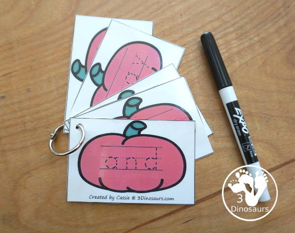 Pumpkin Sight Word Tracing Card Printables- with all 220 Dolch Sight Words with cards sorting by sight word list - With tracing on colored pumpkin or a black and white pumpkin option. You have 8 sight word cards on each page - 3Dinosaurs.com