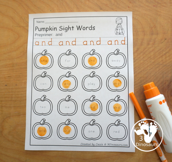 Pumpkin Find for all 220 Dolch Sight Words $  with tracing the sight word and finding the sight word on the pumpkins - 3Dinosaurs.com
