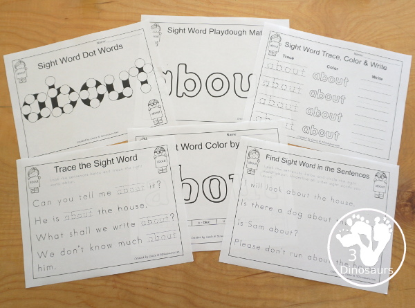 Free Romping & Roaring Third Grade Sight Words Packs Set 1: About, Better, Bring, Carry - 6 pages of activities for each third Grade sight words: about, better, bring and carry. These are great for easy to use learning centers - 3Dinosaurs.com