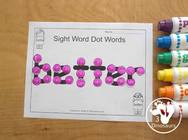 Free Romping & Roaring Third Grade Sight Words Packs Set 1: About, Better, Bring, Carry - 6 pages of activities for each third Grade sight words: about, better, bring and carry. These are great for easy to use learning centers - 3Dinosaurs.com