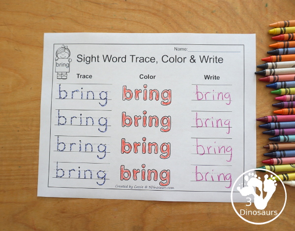 Free Romping & Roaring Third Grade Sight Words Packs Set 1: About, Better, Bring, Carry - 6 pages of activities for each third Grade sight words: about, better, bring and carry. These are great for easy to use learning centers - 3Dinosaurs.com