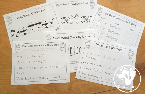 Free Romping & Roaring Third Grade Sight Words Packs Set 1: About, Better, Bring, Carry - 6 pages of activities for each third Grade sight words: about, better, bring and carry. These are great for easy to use learning centers - 3Dinosaurs.com