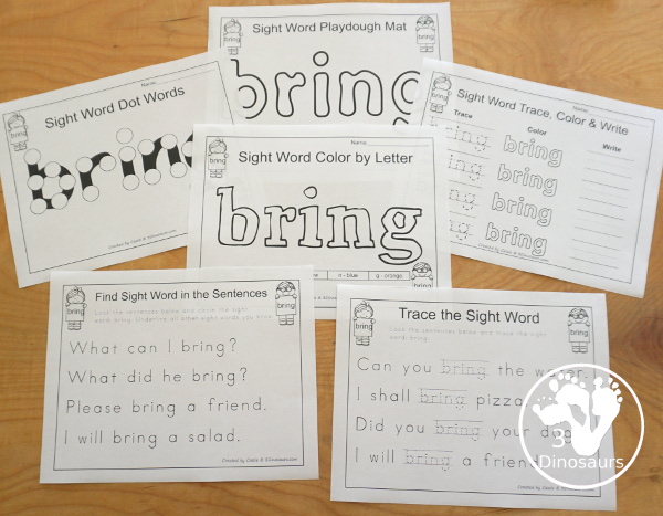 Free Romping & Roaring Third Grade Sight Words Packs Set 1: About, Better, Bring, Carry - 6 pages of activities for each third Grade sight words: about, better, bring and carry. These are great for easy to use learning centers - 3Dinosaurs.com