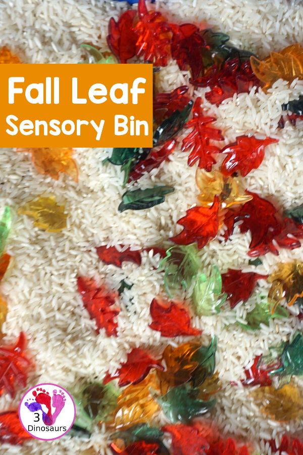 Fall Leaves Sensory Bin - a simple fall leaf sensory bin with different colors of leaves with red, yellow, orange, and green leaves. The sensory bin as a rice filler. - 3Dinosaurs.com