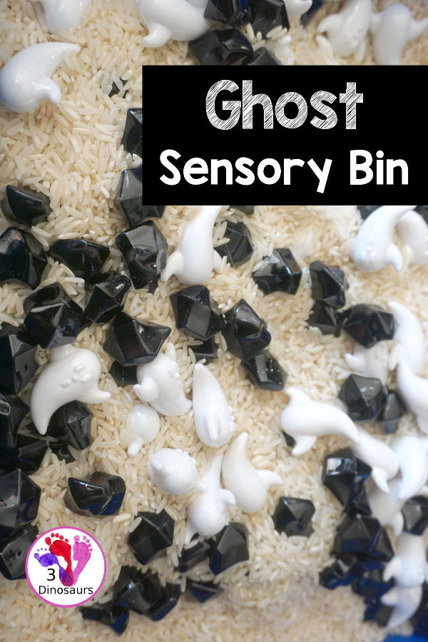 Ghost Sensory Bin - a simple ghost sensory bin with ghosts, black rocks and a rice filler for this simple Halloween Sensory bin- 3Dinosaurs.com