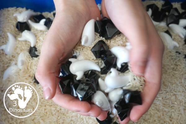 Ghost Sensory Bin - a simple ghost sensory bin with ghost, black rocks and a rice filler for this simple Halloween Sensory bin- 3Dinosaurs.com