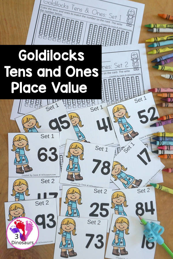 Free Goldilocks & Three Bears Ten & Ones Printable - two sets of cards with two digit numbers on them with a matching worksheet for each cards set to color the numbers. - 3Dinosaurs.com