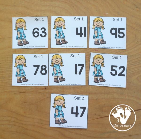 Free Goldilocks & Three Bears Ten & Ones Printable - two sets of cards with two digit numbers on them with a matching worksheet for each cards set to color the numbers. - 3Dinosaurs.com