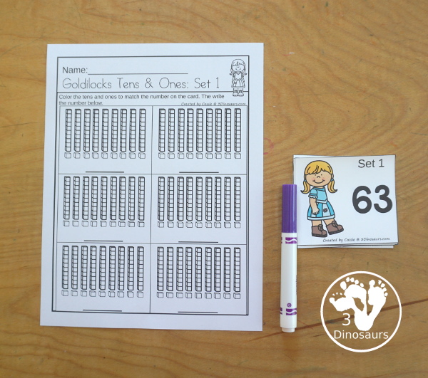 Free Goldilocks & Three Bears Ten & Ones Printable - two sets of cards with two digit numbers on them with a matching worksheet for each cards set to color the numbers. - 3Dinosaurs.com