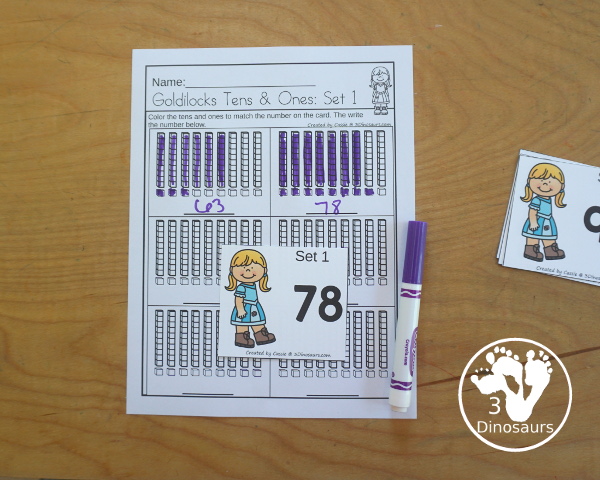 Free Goldilocks & Three Bears Ten & Ones Printable - two sets of cards with two digit numbers on them with a matching worksheet for each cards set to color the numbers. - 3Dinosaurs.com