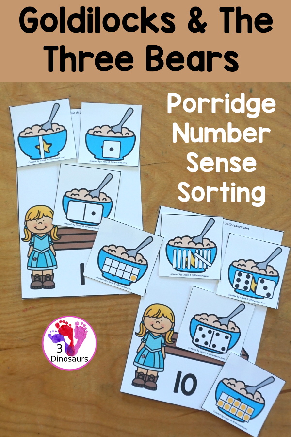 Free Goldilocks & Porridge Number Sense Printable - You have numbers 1 to 10 with sorting items for subitizing numbers for kids with tally marks, dominos ten frames, and dice. Kids sort the number to the correct mats- 3Dinosaurs.com