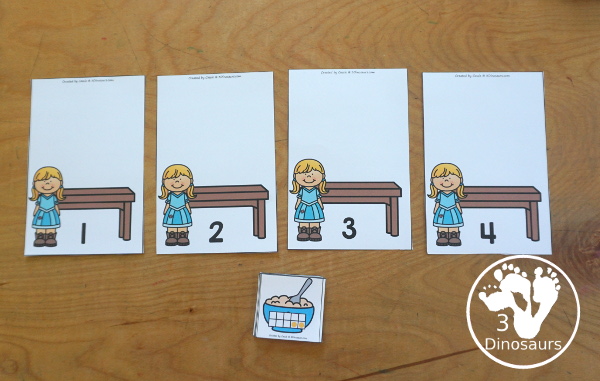 Free Goldilocks & Porridge Number Sense Printable - You have numbers 1 to 10 with sorting items for subitizing numbers for kids with tally marks, dominos ten frames, and dice. Kids sort the number to the correct mats- 3Dinosaurs.com