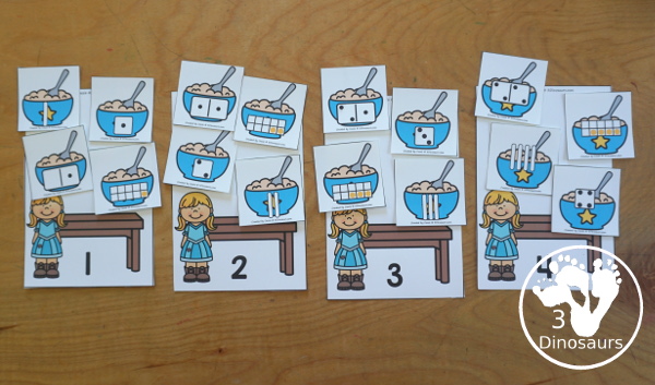 Free Goldilocks & Porridge Number Sense Printable - You have numbers 1 to 10 with sorting items for subitizing numbers for kids with tally marks, dominos ten frames, and dice. Kids sort the number to the correct mats- 3Dinosaurs.com