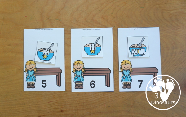 Free Goldilocks & Porridge Number Sense Printable - You have numbers 1 to 10 with sorting items for subitizing numbers for kids with tally marks, dominos ten frames, and dice. Kids sort the number to the correct mats- 3Dinosaurs.com