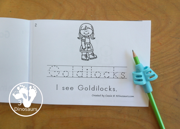 Free Goldilocks & The Three Bears Easy Reader Book with Tracing has a fun 8 page book with different words from the story for kids to trace the word and then read the sentence for the word. A super simple easy reader book for kids. - 3Dinosaurs.com