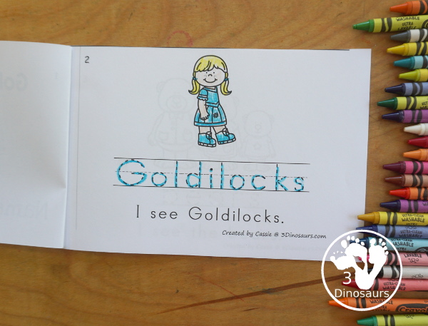 Free Goldilocks & The Three Bears Easy Reader Book with Tracing has a fun 8 page book with different words from the story for kids to trace the word and then read the sentence for the word. A super simple easy reader book for kids. - 3Dinosaurs.com