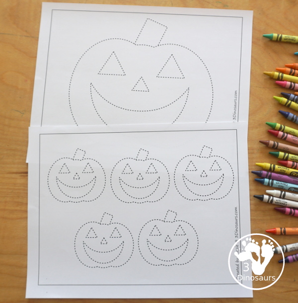 Free Jack-O-Lantern Fine Motor Mats - you have three jack-o-lantern templates, three jack-o-lantern tracing printables and one jack-o-lantern q-tip fine motor mat. A fun fine motor set for Halloween - 3Dinosaurs.com