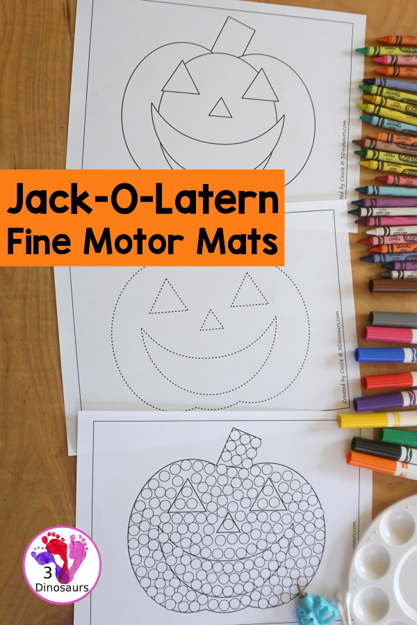 Free Jack-O-Lantern Fine Motor Mats - you have three jack-o-lantern templates, three jack-o-lantern tracing printables and one jack-o-lantern q-tip fine motor mat. A fun fine motor set for Halloween - 3Dinosaurs.com