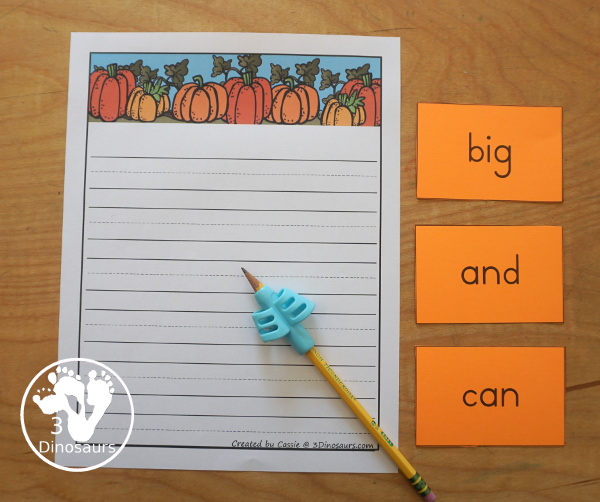 Free Pumpkin Writing Paper - two types of pumpkin writing lines to use with kids. These are great for kids on kindergarten, first grade and second grade - 3Dinosaurs.com