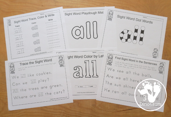 Free Romping & Roaring Primer Sight Word: All - you have 6 pages for each sight word that work on learning the sight word in different ways with reading, writing, and finding. 3Dinosaurs.com