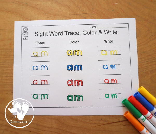 Free Romping & Roaring Primer Sight Words: All, Am, Are, At - you have 6 pages for each sight word that work on learning the sight word in different ways with reading, writing, and finding. 3Dinosaurs.com