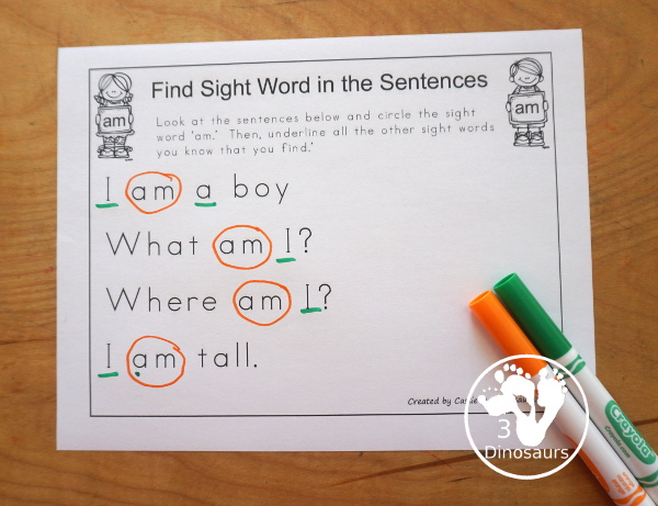 Free Romping & Roaring Primer Sight Words: All, Am, Are, At - you have 6 pages for each sight word that work on learning the sight word in different ways with reading, writing, and finding. 3Dinosaurs.com