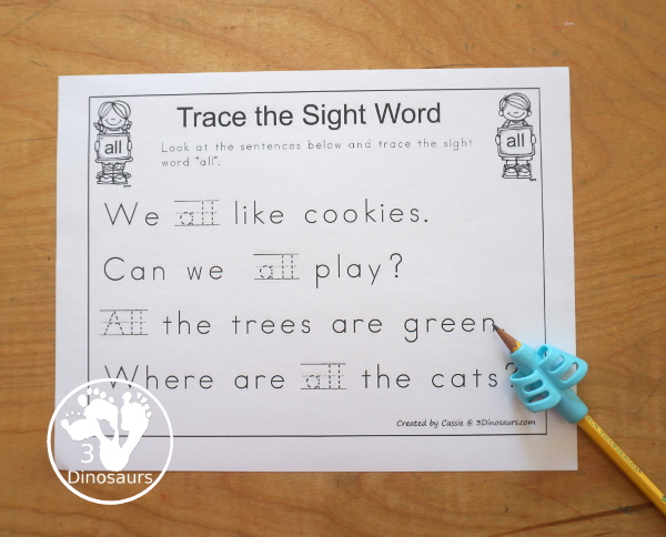 Free Romping & Roaring Primer Sight Words: All, Am, Are, At - you have 6 pages for each sight word that work on learning the sight word in different ways with reading, writing, and finding. 3Dinosaurs.com