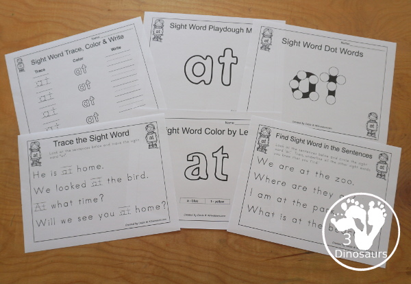 Free Romping & Roaring Primer Sight Word: At - you have 6 pages for each sight word that work on learning the sight word in different ways with reading, writing, and finding. 3Dinosaurs.com