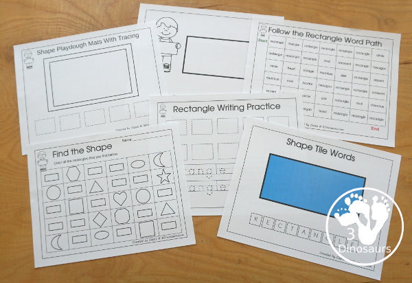 Romping & Roaring Rectangle Pack - a 40 page shape pack for kids to use to learn their shape with tracing, coloring, dot markers and more.  A fun mix of activities for kids in preschool, prek, and kindergarten. - 3Dinosaurs.com