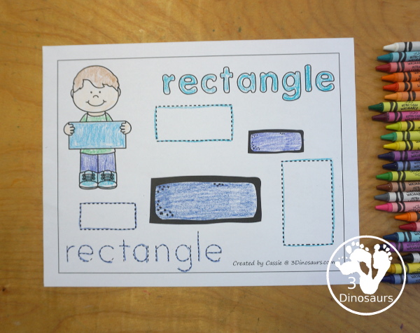 Free Romping & Roaring Rectangle Pack - a free 10 page shape pack for kids to use to learn their shape with tracing, coloring, dot markers and more. - 3Dinosaurs.com