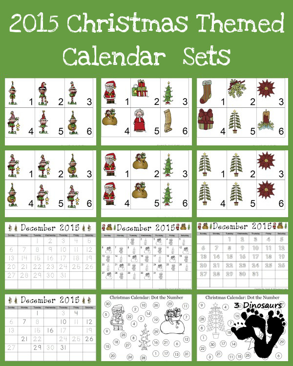 Free 2014 Christmas Calendar Printables: Three different themes: Elves, Santa, & Christmas Themes - 3Dinosaurs.com