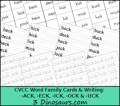 Free CVCC Word Family Cards & Writing - ACK, ECK, ICK, OCK, UCK - 3Dinosaurs.com