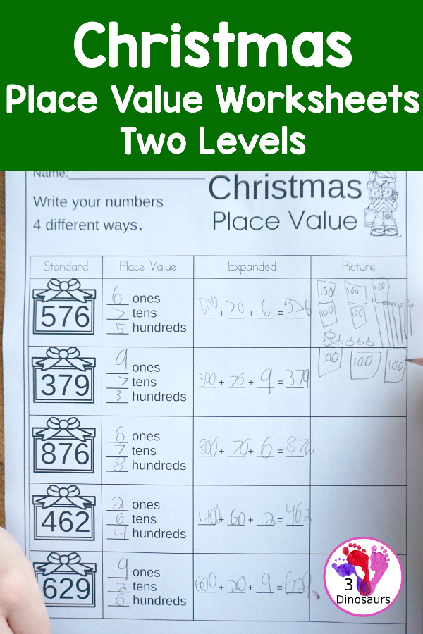 Free Christmas Place Value Printable - 2 pages for each level working on tens and ones or hundreds, tens and ones - 3Dinosaurs.com #nopreprprintables #christmas #mathforkids #freeprintables