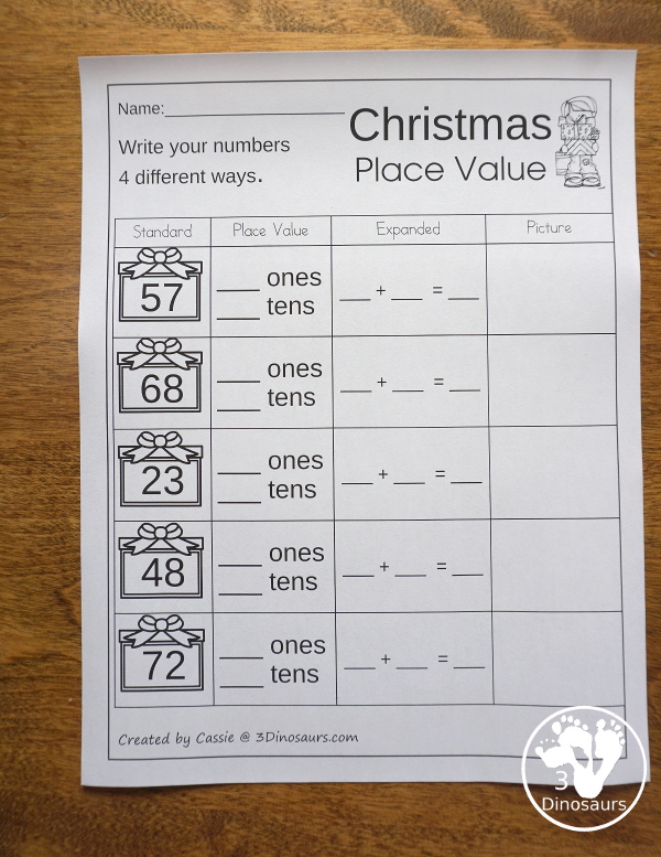 Free Christmas Place Value Printable - 2 pages for each level working on tens and ones or hundreds, tens and ones - 3Dinosaurs.com #nopreprprintables #christmas #mathforkids #freeprintables