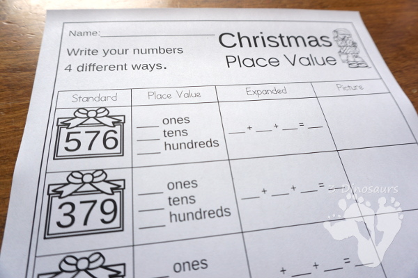 Free Christmas Place Value Printable - 2 pages for each level working on tens and ones or hundreds, tens and ones - 3Dinosaurs.com #nopreprprintables #christmas #mathforkids #freeprintables