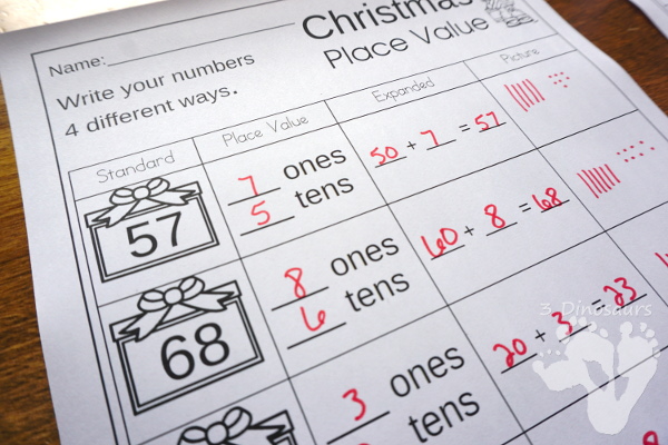 Free Christmas Place Value Printable - 2 pages for each level working on tens and ones or hundreds, tens and ones - 3Dinosaurs.com #nopreprprintables #christmas #mathforkids #freeprintables