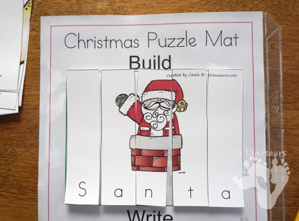Free Christmas Themed Word Puzzles - 14 puzzles, building mat and writing sheet - 3Dinosaurs.com #handsonlearning #christmas #spelling #freeprintables